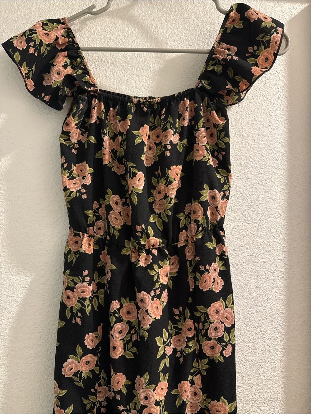 Girls Black Floral Off-Shoulder Dress with Pink